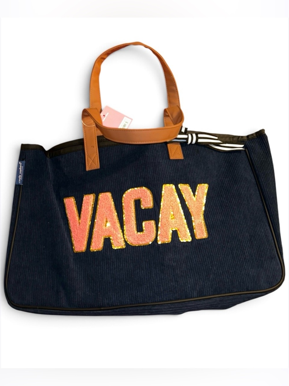 NWT Simply Southern Large Navy Blue Corduroy Sparkle Tote "VACAY" Travel Bag